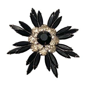 JUDY LEE 1950s Vintage Black rhinestone Floral Brooch